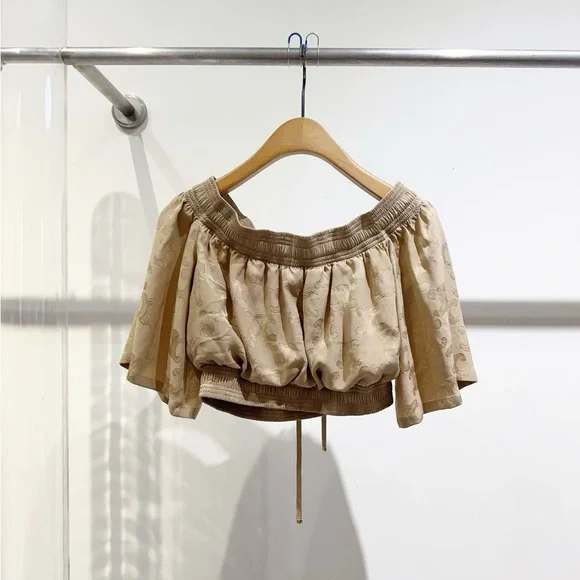 Authentic Celine Tan Patterned Off-Shoulder Top - Picture 3 of 8